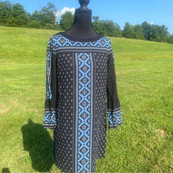 Loft Blue / Black Print Shift Tunic Dress Small Petite - lightweight - Picture 1 of 6